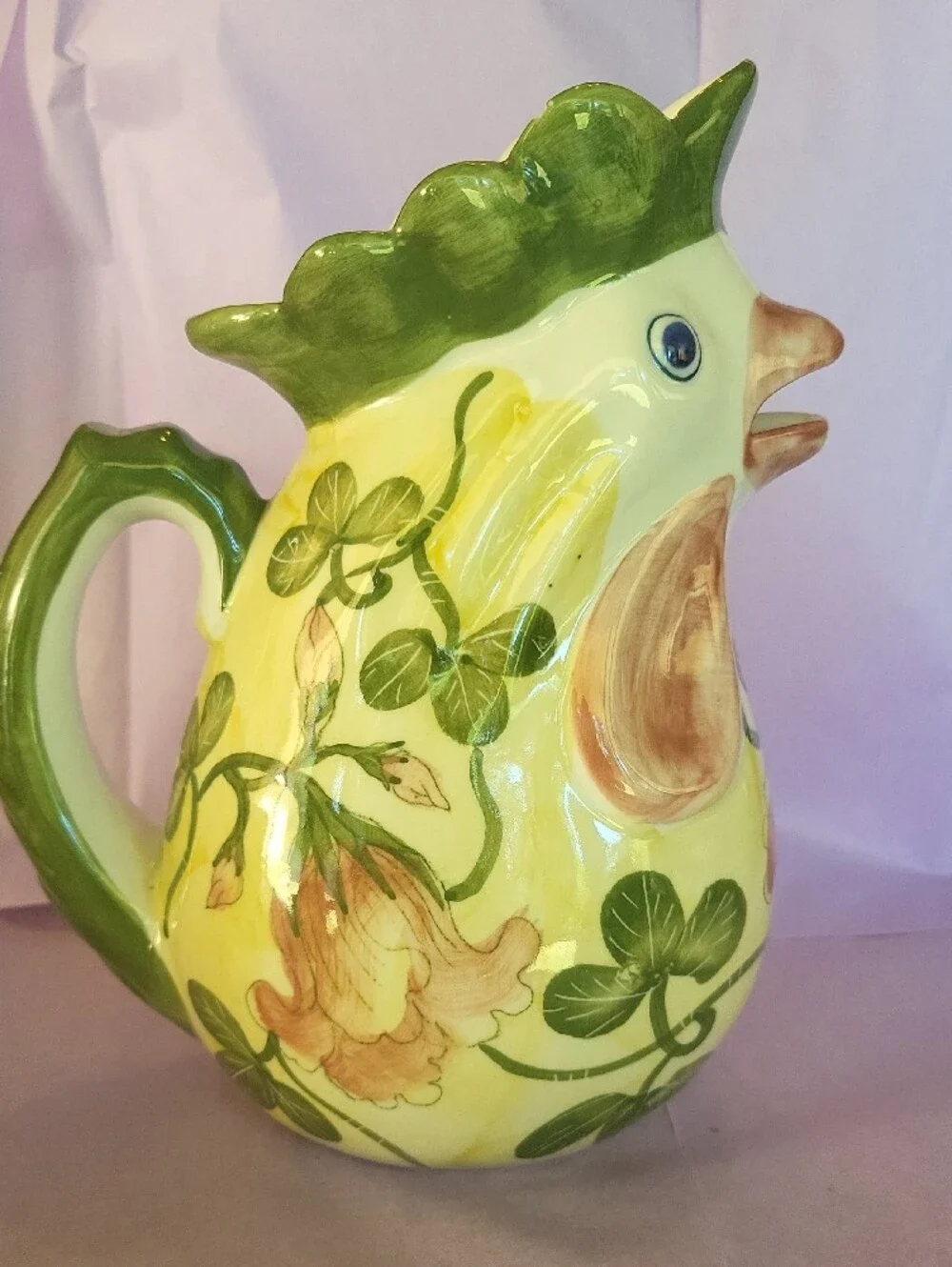 Andrea By Sadek Yellow & Green Hand-Painted Rooster Pitcher Vase